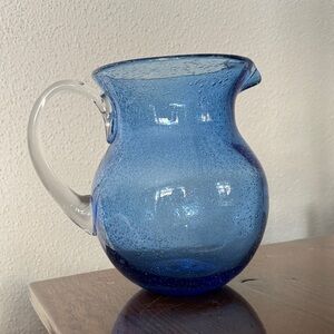 Blue Glass Pitcher with Clear Handle